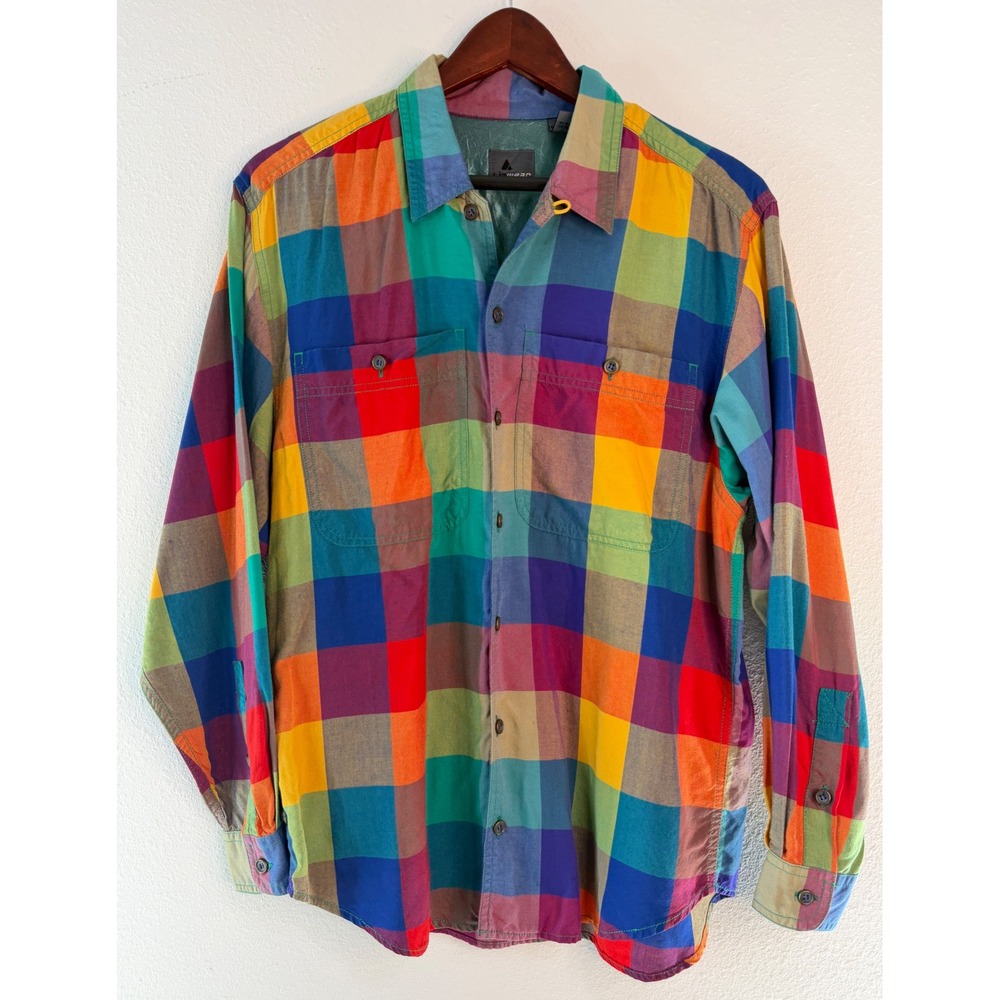 Vintage 80s 90s Lizwear Rainbow Plaid Button Front Top Rayon Colorful Retro Smal